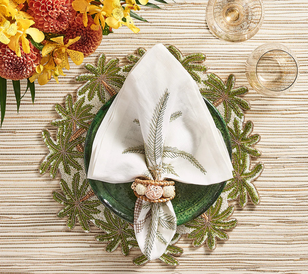 Oasis Placemat in Ivory, Green & Gold, Set of 2