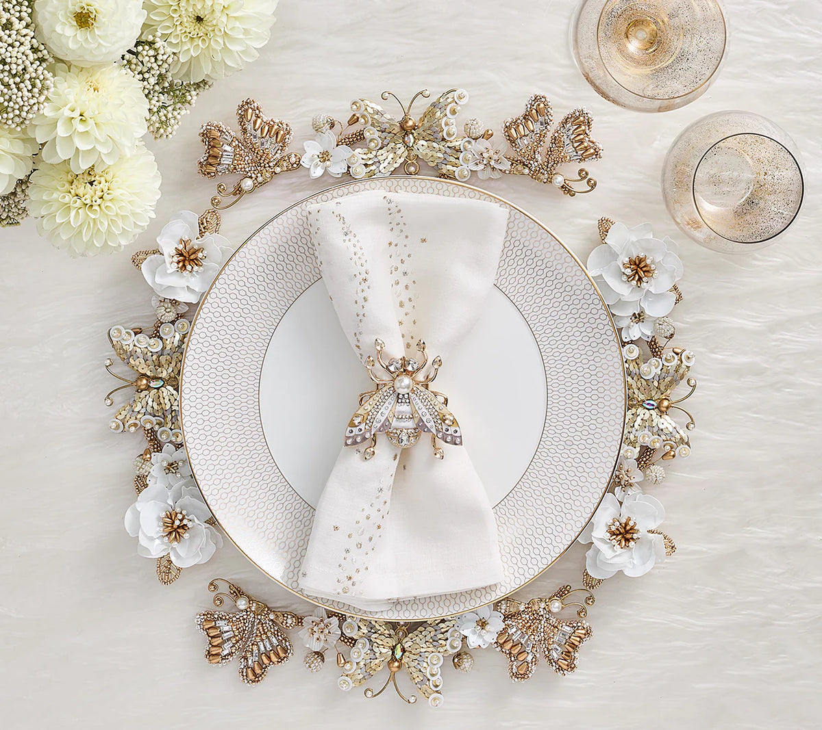 Glam Fly Napkin Ring in Ivory, Gold & Silver Set of 4 in a Gift Box