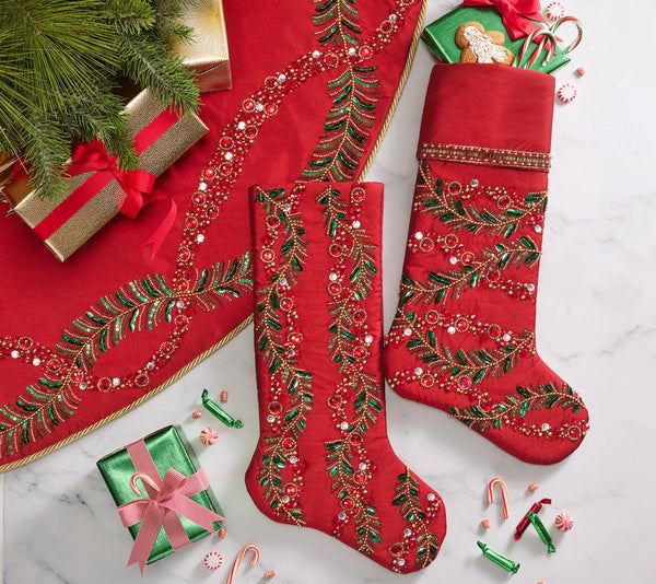 Holly and Sprig Stocking in Red, Green & Gold