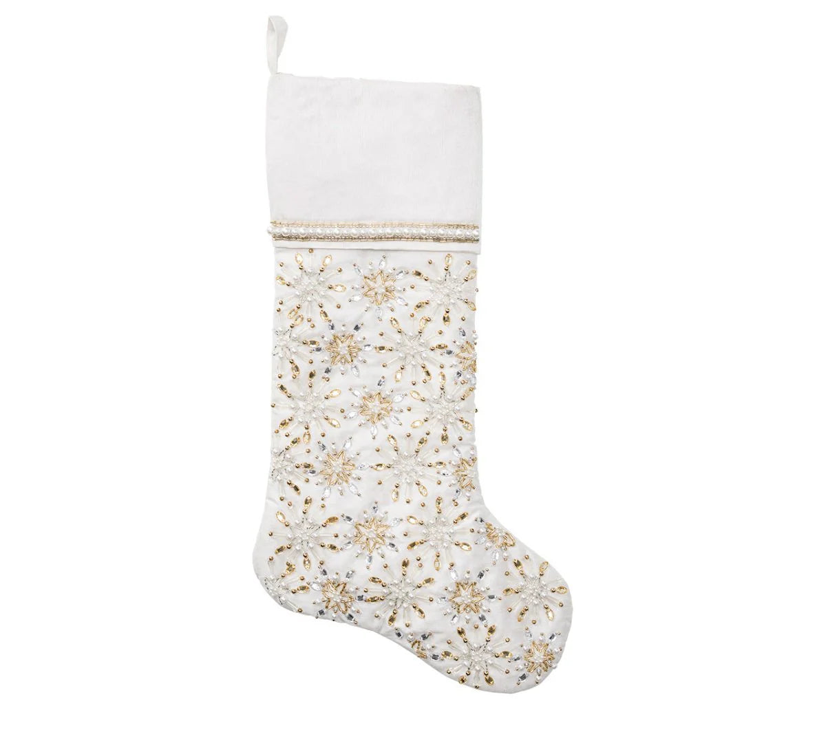 Snowflake Stocking in White, Gold & Silver
